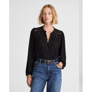 Madewell Lace-Insert Button-Up Long-Sleeve Top - Black - Size Medium